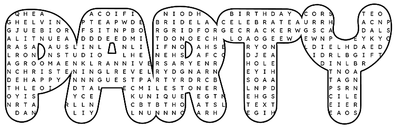 A wordsearch grid in the shape of the word PARTY